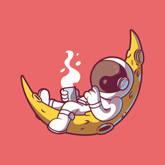 Astronaut drinking coffee in space seated on the moon vector illustration. Drinks, space, exploration design concept.	