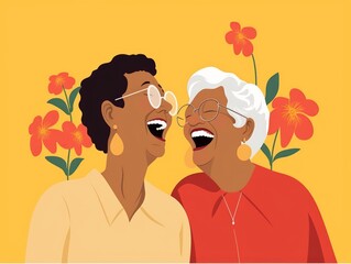 Happy elderly couple on a yellow background with flowers. illustration. Generative AI