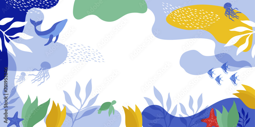 Poster marine background with jellyfish, fish, turtle, algae, plants. background with space for text in the