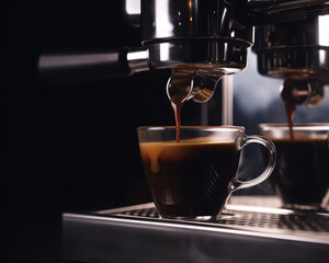 Close up of espresso pouring. Two cups of coffee being filled with liquid