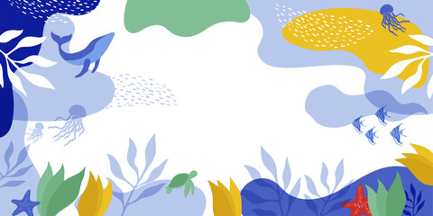 Marine background with jellyfish, fish, turtle, algae, plants. Background with space for text in the center.