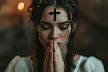 The symbol of a cross made of ashes on praying woman's forehead for Ash Wednesday - obrazy, fototapety, plakaty