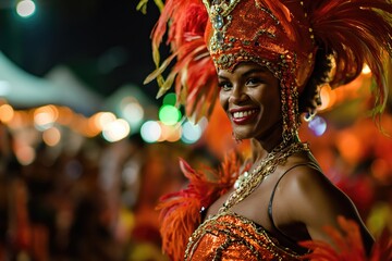 Latin woman, samba dancer dancing on the streets during carnival - obrazy, fototapety, plakaty