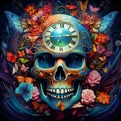 Cyberpunk skull butterfly old vintage gothic clock psychedelic art roses
