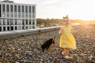 Lively pretty little girl wearing stylish yellow dress playing with dachshund dog on summer terrace...
