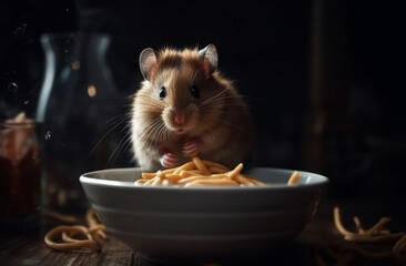 Little hamster eats pasta in a bowl. A hamster eating french fries in a bowl
