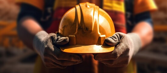 construction worker holding protective helmet