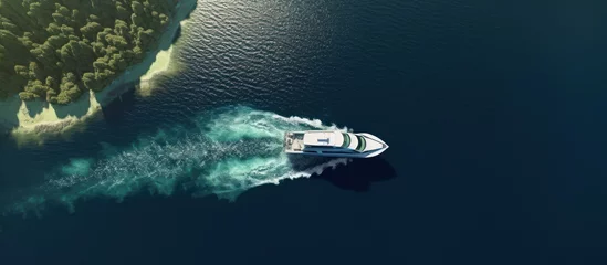 Schilderijen op glas Beautiful aerial view of speedboat near a green cliff island © gufron