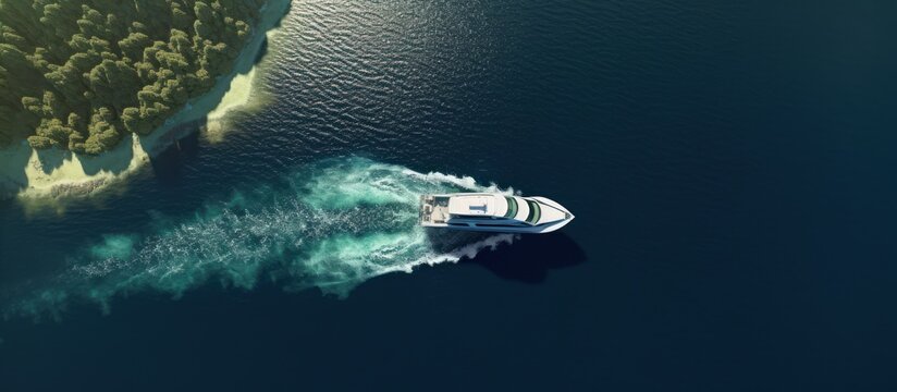 Beautiful aerial view of speedboat near a green cliff island