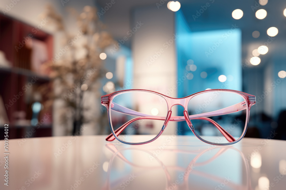 Sticker shop vitrine with modern eyegrasses displayed in optical store