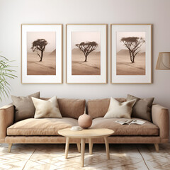 Minimalistic modern boho style living room interior with two vertical framed wall art on the wall and sofa