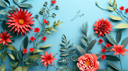 Fototapeta na wymiar Red paper cut flowers and green leaves on a calming blue background, offering ample copy space.
