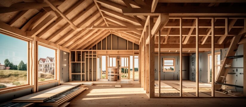 Construction of New Home Construction or Residential Buildings with Wooden Beams and Ceilings