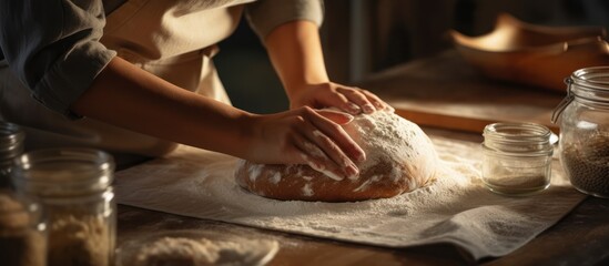 Professional baker woman preparing dough for bread such as sourdough or artisan bread on kitchen table