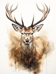 Majestic Stag with Impressive Antlers in Watercolor AI Generated