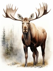 Majestic Moose with Large Palmate Antlers in Watercolor AI Generated