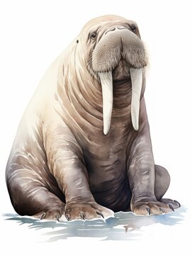 Majestic Walrus with Large Tusks and Whiskers in Watercolor AI Generated