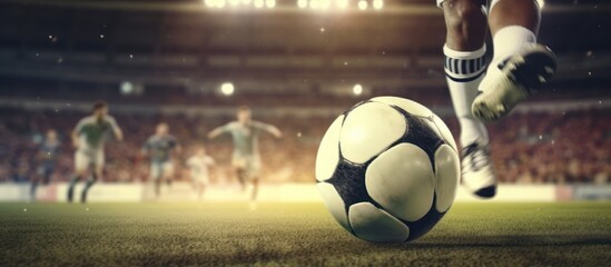 Soccer player's feet kick the soccer ball for kick - off in the stadium - obrazy, fototapety, plakaty