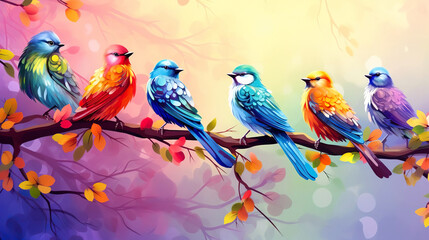 Colorful birds sit on a tree branch. Spring Greeting Card