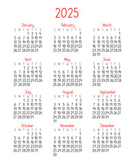 Calendar template for the year 2025 in simple minimalist style, week starts on Sunday, vector printable page
