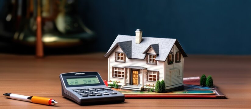 House model miniature, calculator and and agreement contract book. on a wooden table, Concept of real estate investment and loan, mortgage and refinancing