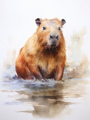 Obraz premium Capybara Lounging Near Water: Watercolor Illustration AI Generated