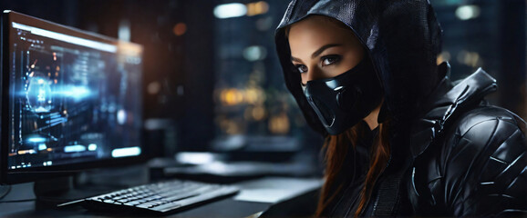 Portrait of anonymous robotic hacker. Concept of hacking cybersecurity, cybercrime, cyberattack - obrazy, fototapety, plakaty