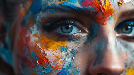 Female face close-up, pastel art makeup, varied skin painting on grey background. HD capture with...