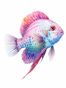 Vibrant Jewel Cichlid Swimming in Watercolor AI Generated