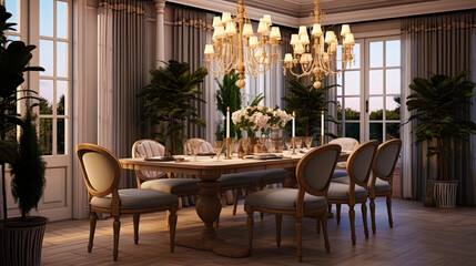 A dining area with a beautiful dining table, chairs and a decorative chandelier