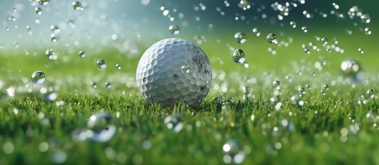 golf ball and dew splash hit with golf club on green field - Powered by Adobe