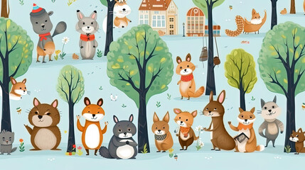 Caricative pattern of funny animals in the city park
