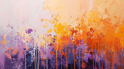 Radiant hues of tangerine and lavender paint dripping down, warm and captivating.
