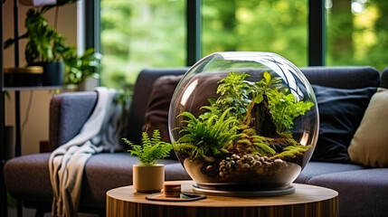 Terrarium with green plants in the corner of the living room, creating an atmosphere of freshness