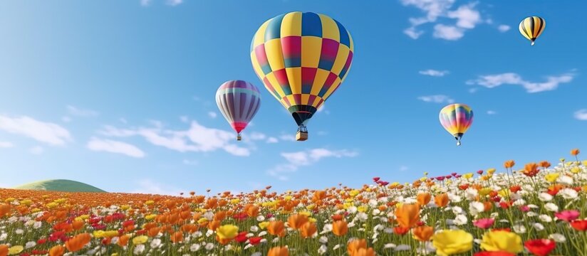 Hot air balloons fly in the clear blue sky under beautiful meadows and flower fields
