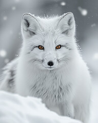 hermoso zorro del ártico caminando entre la nieve durante una tormenta de invierno en un solitario y bello paraje polar sobre fondo desenfocado blanco y gris nevando
