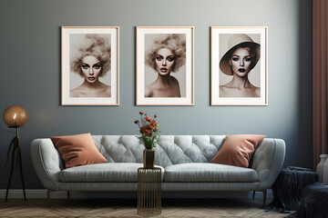 Cosy art home deco vintage frames gallery portrait Wall print mockup