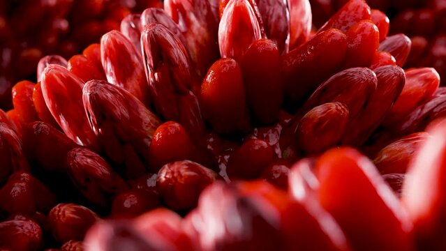 intestinal villi.Red microvilli in a intestinal tract. close-up, Microbiology, anatomy, biology, science, medicine, medical and healthcare concepts, Digestive system, epithelial cells, 3D Render