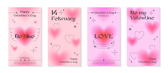 Valentines Day greeting banner templates in 90s style.Romantic vector illustrations in y2k aesthetic with linear shapes,blurred hearts,sparkles.Modern designs for smm,invitations,prints,promo offers.