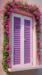 close-up of open window shutters and pink purple flower decorations on sunny summer day nobody architecture wall