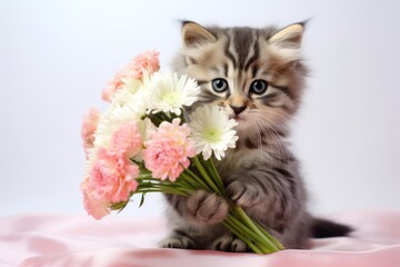 Cute white kitten with fresh flowers, a pretty and playful portrait.