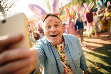 Happy man celebrating Easter with a bunny costume, symbolizing joy and festive traditions. - obrazy, fototapety, plakaty