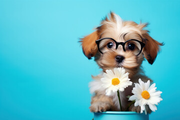 Adorable white puppy with flowers, a cute and playful studio portrait.