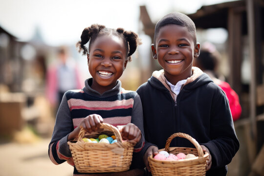 Black children celebrate Easter outdoors, joyfully hunting for eggs, creating happy family moments filled with laughter.