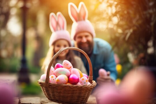 Easter celebration: Children and father in cute costumes, hunting eggs joyfully, creating a colorful, festive family tradition.