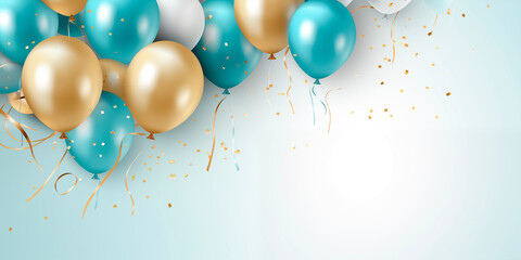 Colored blue, white and gold balloons and golden confetti on a white background. Colorful birthday background.