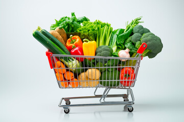 fruits and vegetables in a supermarket trolley. Variety of plant based foo. Healthy eating or Vegetarian concept.