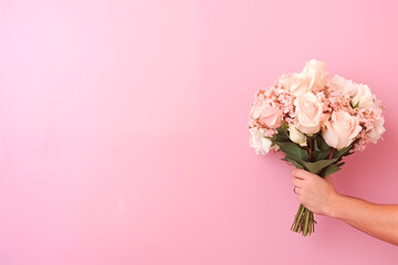 Male hand holding bouquet of pink rose flowers. Flower courier. Delivery flowers at Valentine's day concept or birthday.