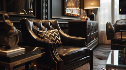 Monochromatic elegance in the TV lounge with a dark leather chair with a chevron pattern and a glass side table. 