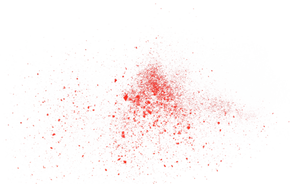 Red chalk pieces and dust flying, effect explode isolated on white